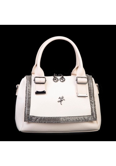 Nas 1455 Kadın Taşlı El Ve Omuz Çantası Krem Siyah