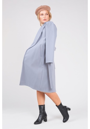 Giyim Dünyası Kadın Astarsız Kuşaklı Kaşe Kaban İndigo 001