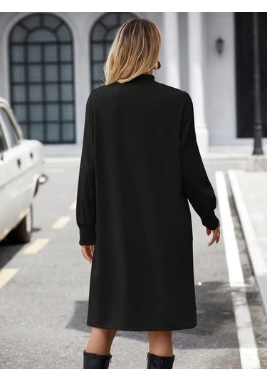 Stilaura Kadın Uzun Kollu Balıkçı Yaka Kısa Şardonlu Dalgıç Elbise Siyah