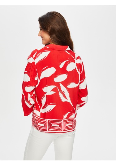 Eteği Sulu Monochrome Yaprak Desen Gömlek 001 Us25gml00141 Kırmızı