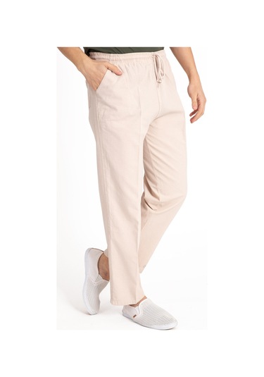 Erkek Ham Bez Lastikli Yüksek Bel Rahat Kalıp %100 Natural Pamuk Eşofman Alt Pantolon Alt Giyim 2188-Krem