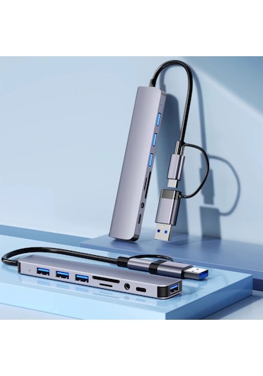 Youmex 8 Portlı Metal Usb A/usb-c Hub: Usb 3.0/2.0, 3.5mm Ses, Sd/tf Kart Okuyucu - Hızlı Veri Transferi Ve Çoklu Bağlantı