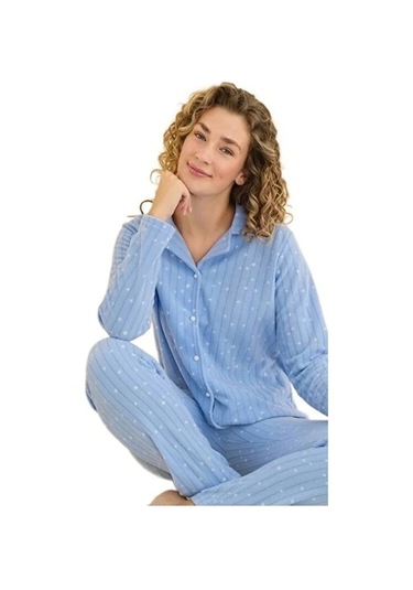 Minel Collection Kadın Pijama Takımı Uzun Kollu Yumuşak Dokulu Es Acık Mav