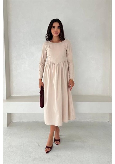 Neşeli Butik Kadın Sırt Dekolteli Uzun Kollu Midi Elbise Nbk4311 Bej