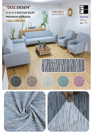 Jakarlı Düz Desen 3 3 1 1 Gri Lastikli Kanepe Örtüsü Lastikli Koltuk Örtüsü Koltuk Kılıfı Takımı Gri