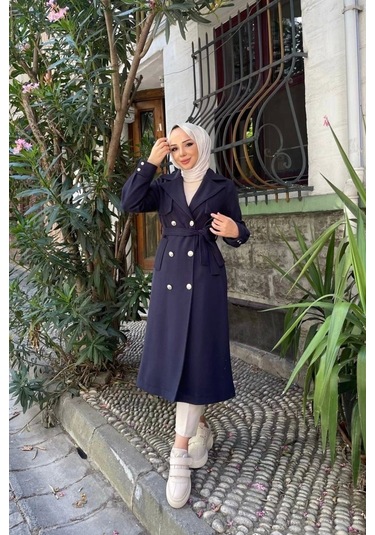 Kadın Kruvaze Polar Kaşe Kaban / M0108 - Lacivert Lacivert