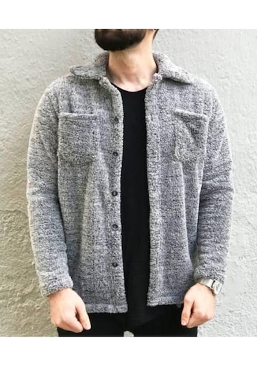 Unisex Gri Düğme Detaylı Cepli Peluş Ceket Gri