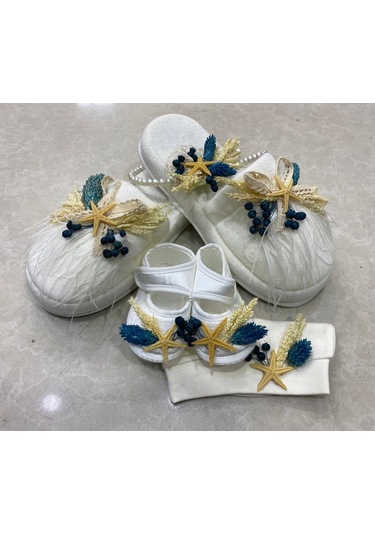 Lohusa Terlik Taç Anne Bebek  Takımı Petrol Mavi Kuru Çicek  Taç