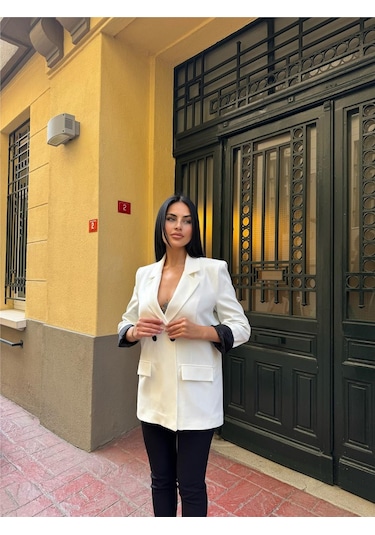 Beyaz Polyester Keten Düğmeli Ceket Beyaz