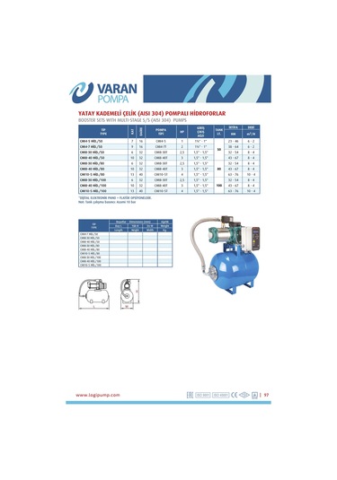Varan Cmı10-5 Hıd/80 Lt Paslanmaz Kademeli Hidrofor 4 HP/ 3 kW Trifaze 380 V, 63 - 76 Mss