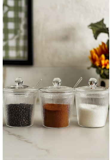 Morponi 3'lü Borosilikat Cam Optik Çizgili Baharatlık Seti Beyaz