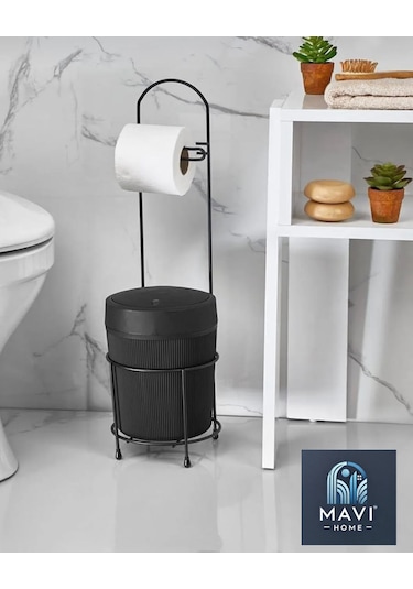 Kovalı Tuvalet Kağıtlığı, Çöp Kovalı Tuvalet Kağıdı Askısı, Banyo Çöp Kovası, Tuvalet Kağıtlık Siyah