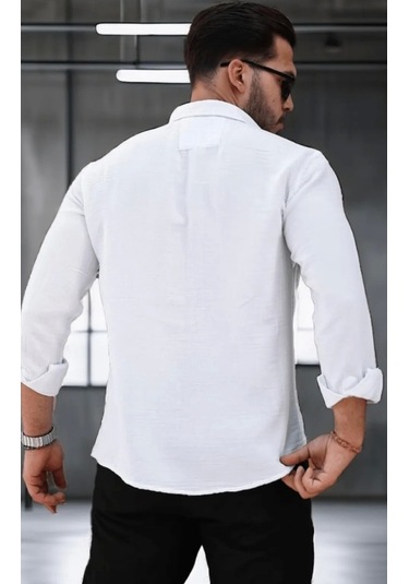 Erkek Müslin Kumaş Uzun Kol Yakalı Beyaz Gömlek Beyaz