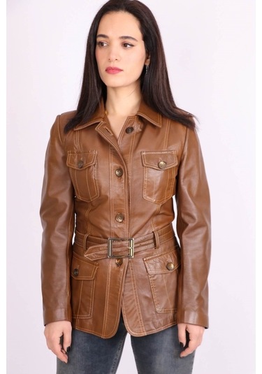 Kahverengi Hakiki Deri Yakalı Kemerli Düğmeli Mont Kaban