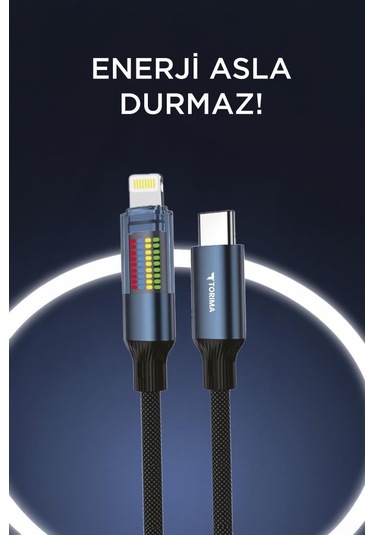 Torima U21 Type-c To Lightning 27 W Led Ekranlı Dayanıklı Örgü Hızlı Şarj Kablosu Siyah