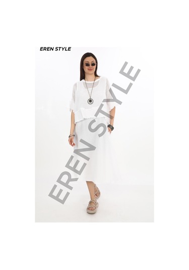 İtalyan Saçak Detaylı Müslin Keteni Yırtmaçlı Elbise - Bluz & 2'li Takım Mürdüm