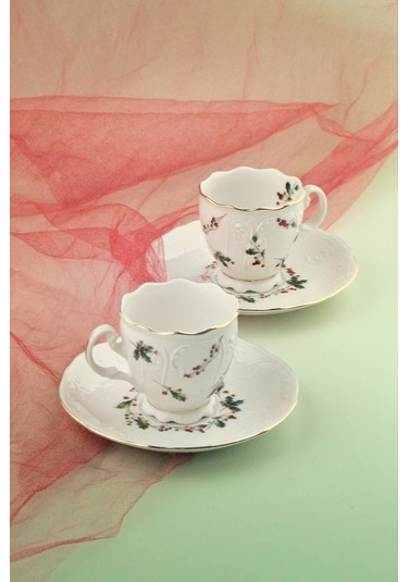 Christmas Altın Yaldızlı 2 Kişilik Porselen Kahve Fincan Takımı Beyaz - Altın