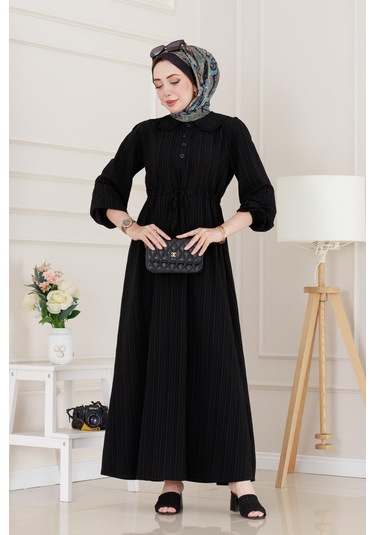 Yakası Güpür Nova Elbise-siyah-5026 Siyah
