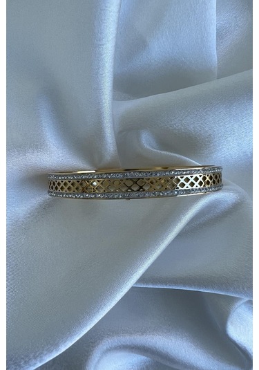 Allmisse Zirkon Taş Detaylı 316l Kalite Altın Kaplama Kararmaz Çelik Kelepçe Bileklik - Altın