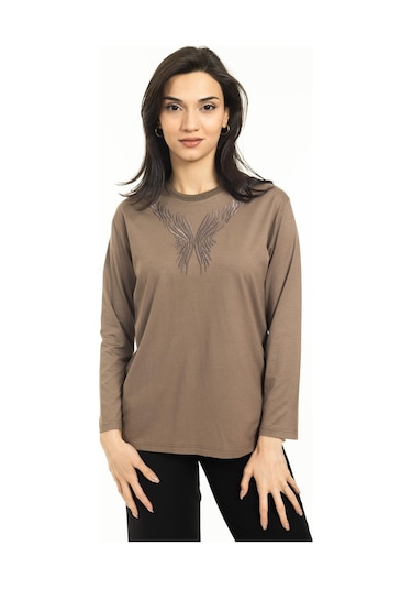 Yeni Sezon Kadın Orta Yaş ve Üzeri Yeni Desen Triko Yaka Likralı Anne Penye Bluz 30520-vizon Vizon