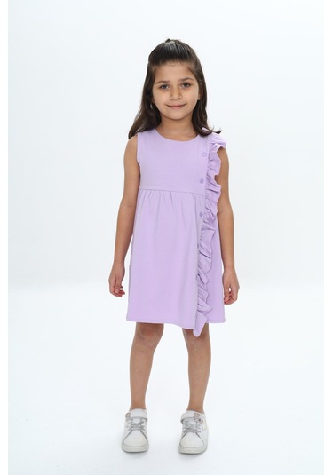 Toontoy Kız Çocuk Fırfır Ve Çıtçıt Detaylı Elbise Lila
