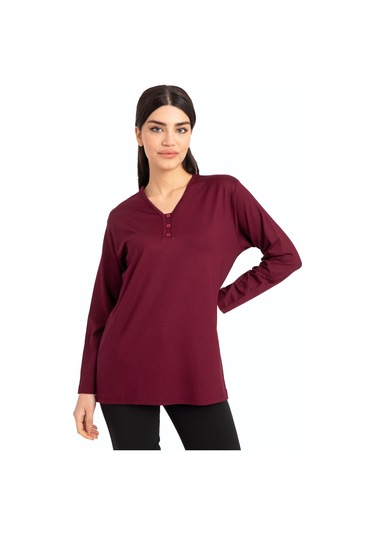 Kadın Orta Yaş ve Üzeri Dört Mevsim V Yaka Rahat Kalıp Likralı Viskoz Anne Penye Bluz 140-Vişne Çürüğü
