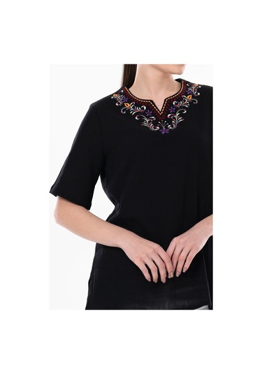 Kısa Kol Şile Bezi Gökkuşağı Nakış Detaylı Yazlık Bluz Siyah Syh-siyah Siyah