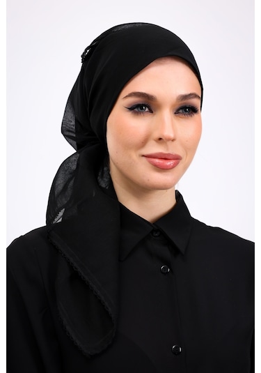 İç Başörtüsü %100 Pamuklu Siyah Tülbent - Kenarları Oyalı 90x90 Cm Kadın Tesettür Yazma Başörtü Siyah