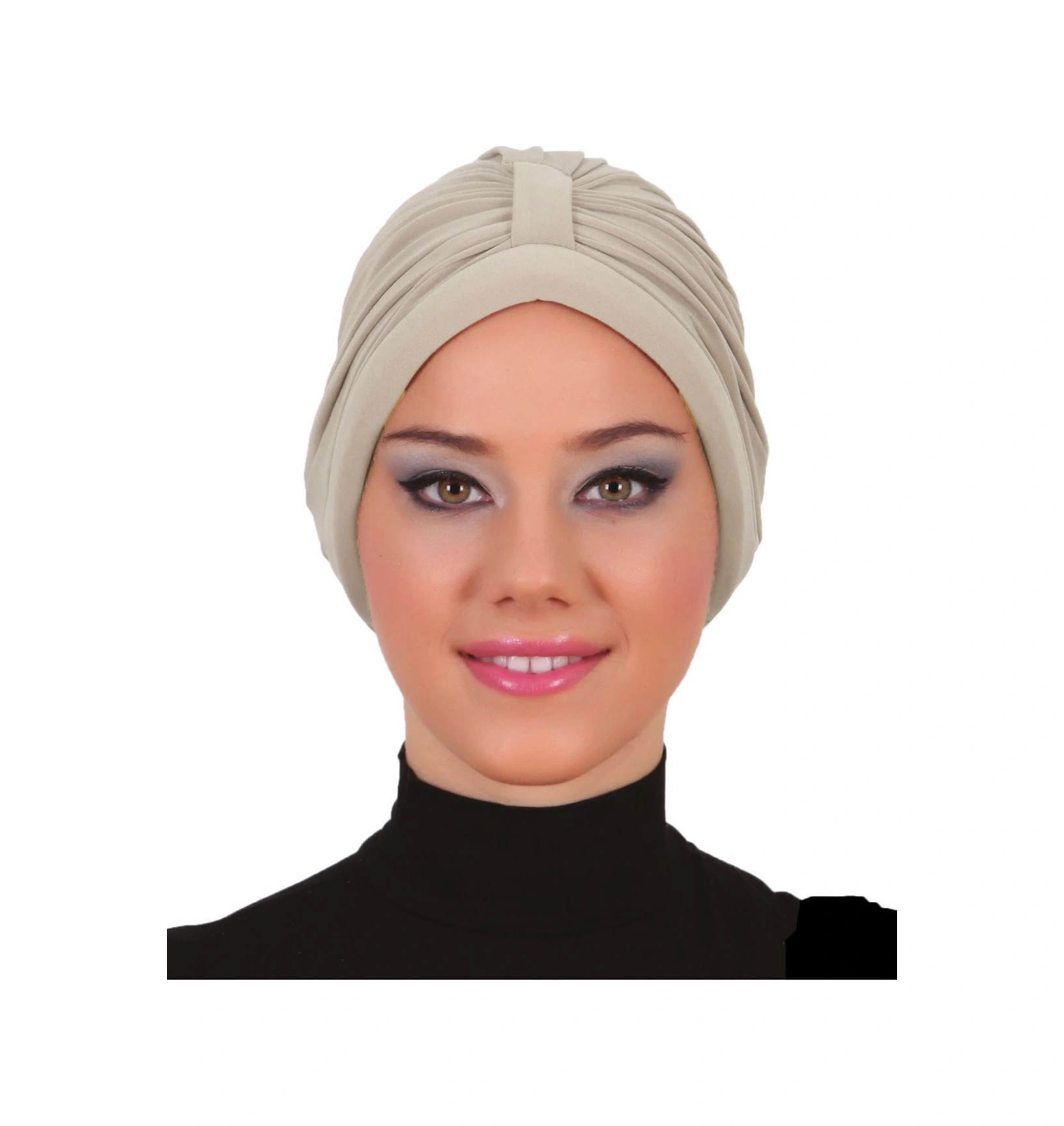 Bantlı Ön Ve Ensesi Bantlı Nervürlü Bej Süngerli Hazır Türban Tesettür Bone Havuz Bonesi Bej