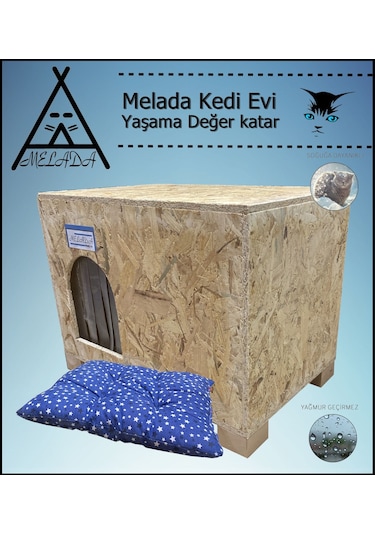 Melada Kedi Evi Dış Ortam Uygun Ahşap Kedi Evi Osb Minderli 61x41x36 Cm