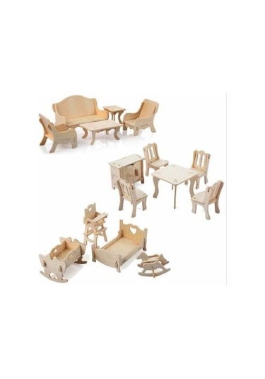Büyük Boy Ahşap Maket Oyun Evi + 15 Parça Ahşap Mobilya