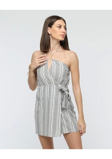 Kuşaklı Çizgili Mini Keten Elbise Gri