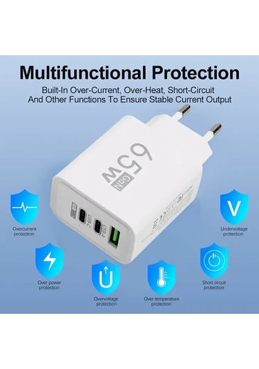 Dofolink 65w Hızlı Şarj Cihazı, 1u+2pd Çoklu Usb-c/usb Port, Avrupa Standartı, İphone Ve Android Uyumlu, Sarı