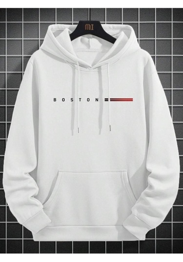 Erkek Boston Baskılı Oversize Kapşonlu Sweatshirt 001
