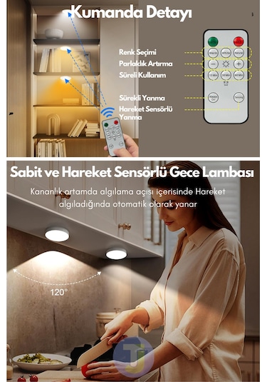 Technojet Şarj Edilebilir Kumandalı 3 Lü Spot Led Işık Lamba Hareket Sensörlü Kabin Işığı 3 Renkli