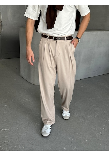 Erkek Pileli Baggy Kalıp Kumaş Pantolon Krem