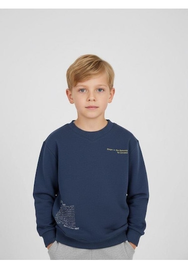 Zekids Erkek Çocuk Pamuklu V Yaka Baskılı Sweatshirt-16702 Indigo