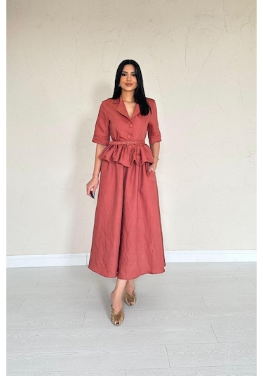 Moccah İnce Kemerli Fırfırlı Ceket Ve Büzgülü Etek Takım Mocca