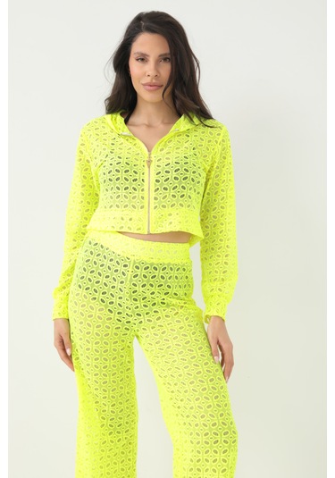Kapuşonlu Dantel Bluz Neon Sarı