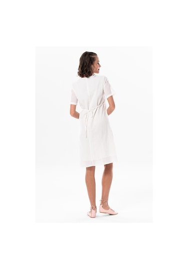 Kısa Kol Şile Bezi Kare Yaka Narin Kısa Yazlık Elbise Krem Krm-krem