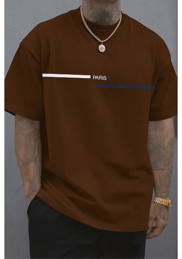 Paris Baskılı Unisex Tshırt Kahverengi