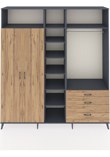 Hyperion Dolap 9 Raflı 3 Çekmeceli 2 Askılı 220x44x243 Antrasit-çam/çam Atlas Çam/atlas Çam
