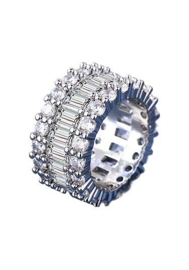 Soulader Moda Tasarım Göz Alıcı Kakma Zirkonyum Taşlı Üç Sıra Şık Kadın Yüzük Takımı Gümüş