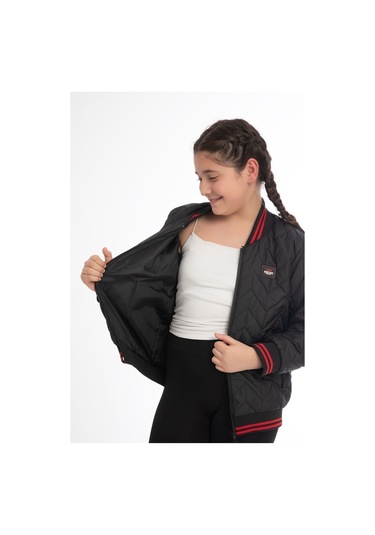 Kız Çocuk Siyah Kolej Yaka İçi Astarlı Su Ve Rüzgar Geçirmez Fermuarlı Cep Mont Siyah