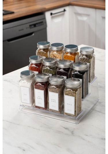 12'li Şeffaf Merdiven Standlı Cam Baharatlık Seti Kapaklı Beyaz Etiketli Baharatlık Takım Mh05slvr12 Beyaz - Şeffaf