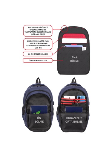 Dada 01 Lacivert Laptop Sırt Çantası 15,6 İnç Usb Type-c Şarj Aparatı Darbe Emici Koruma