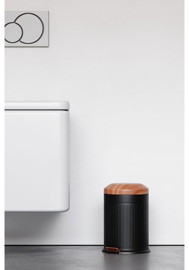 Zift Unique Mat Siyah Çöp Kovası- Vintage Model Ahşap Desenli 5lt Kovalı Çöp Kutusu, Amortisörlü Çöplük Siyah