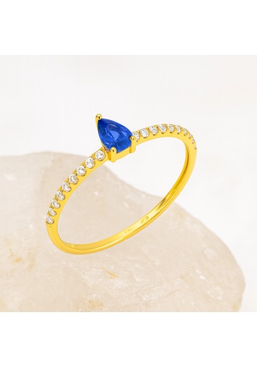 14 Ayar Altın Damla Kesim Safir Yüzük 14 Ayar Altın