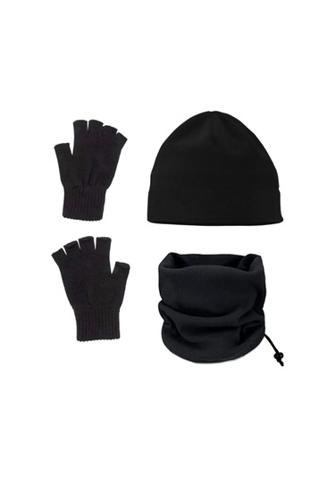 Soğuk Geçirmez Polar Boyunluk,bere Ve Örgü Kesik Eldiven Siyah