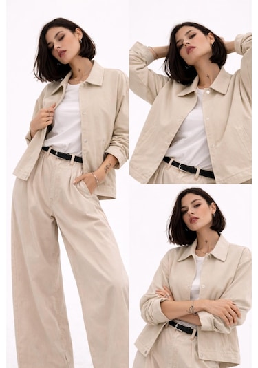 Kadın Oversize Basic Gabardin Mevsimlik Polo Yaka Ceket-385 Taş